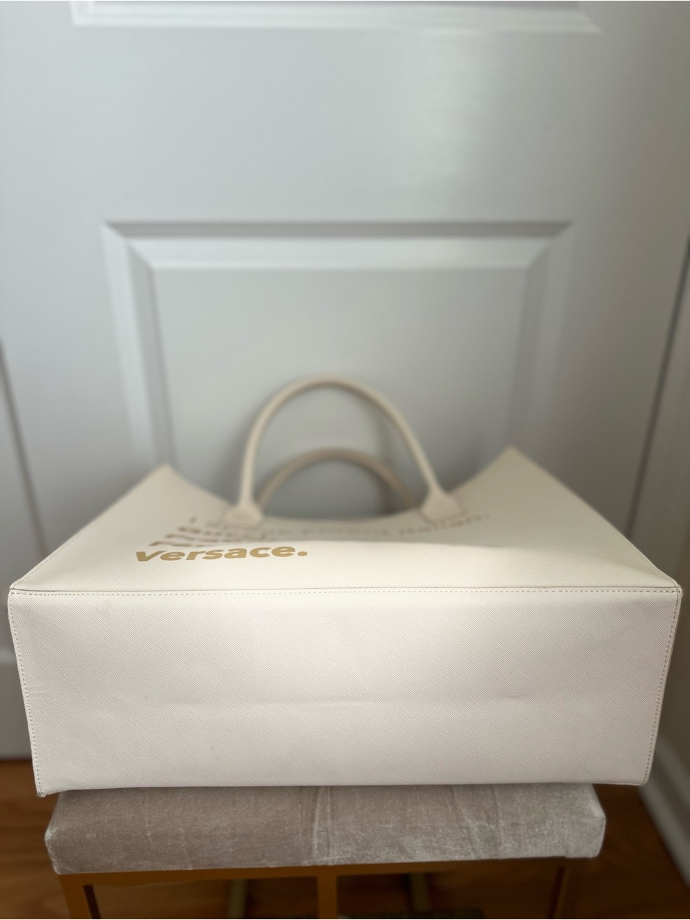 Cream Large Tote Bag with Gold Text - Designer Logo Statement - Picture 4 of 5